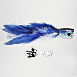 Rainy's CB Popping Feather Head - Blue & Pearl - Offshore Bluewater Billfish Popper - Fly Fishing Flies